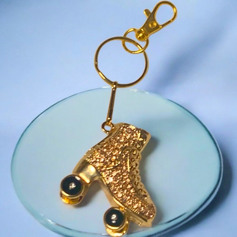 Roller Skate Golden Articulating Rhinestone Encrusted Keychain, Toggle Clasp